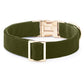 The Foggy Dog Olive Green Dog Collar, featuring gold hardware with a gold metal clasp and adjustable buckle, is displayed on a white background.