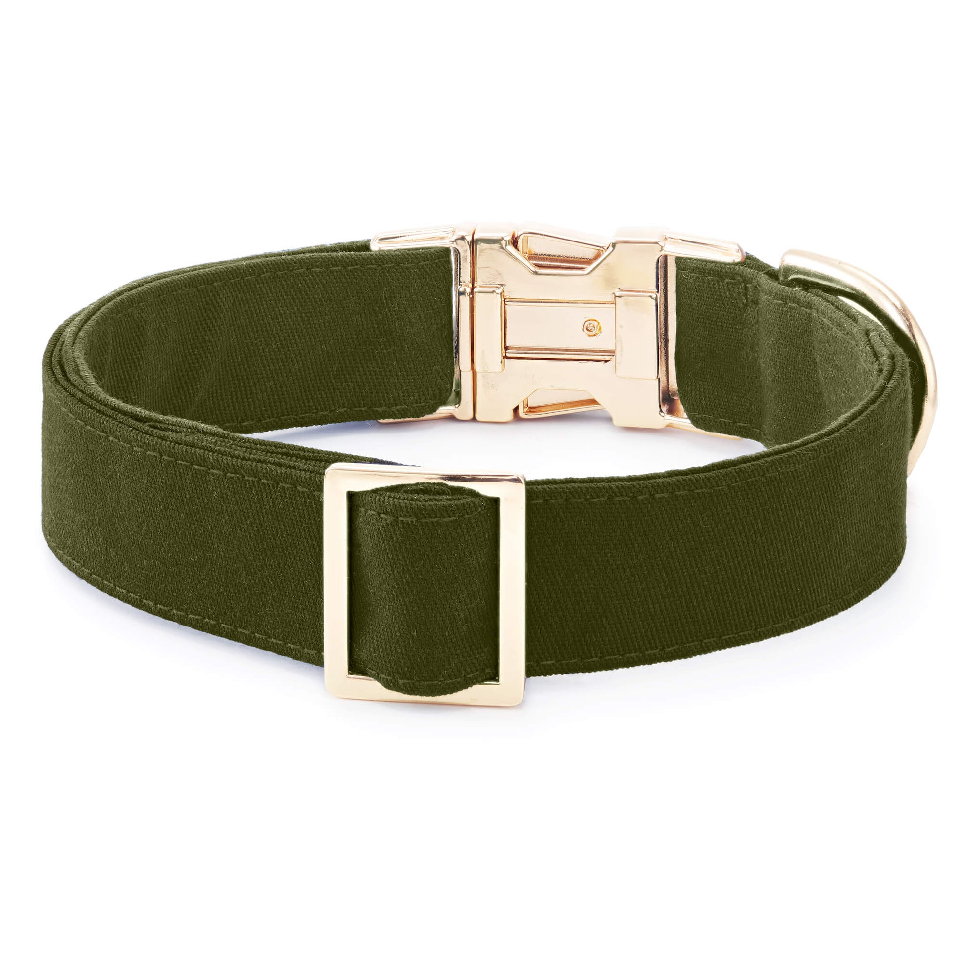The Foggy Dog Olive Green Dog Collar, featuring gold hardware with a gold metal clasp and adjustable buckle, is displayed on a white background.