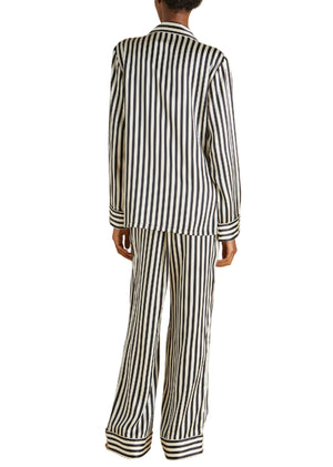 Person wearing Olivia von Halle's Lila Silk Pajamas in a black and white vertical stripe, shown from the back against a white background.