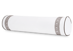 The Ophelia Mocha Bolster w/Insert by Matouk is a long, cylindrical pillow featuring dark Greek key bands and piped edges—an elegant match for embroidered bedding.
