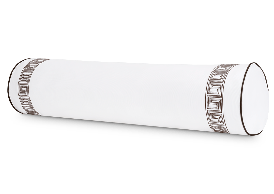 The Ophelia Mocha Bolster w/Insert by Matouk is a long, cylindrical pillow featuring dark Greek key bands and piped edges—an elegant match for embroidered bedding.