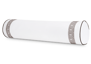 The Ophelia Mocha Bolster w/Insert by Matouk is a long, cylindrical pillow featuring dark Greek key bands and piped edges—an elegant match for embroidered bedding.