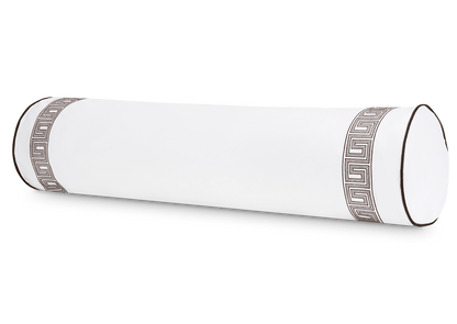 The Ophelia Mocha Bolster w/Insert by Matouk is a long, cylindrical pillow featuring dark Greek key bands and piped edges—an elegant match for embroidered bedding.