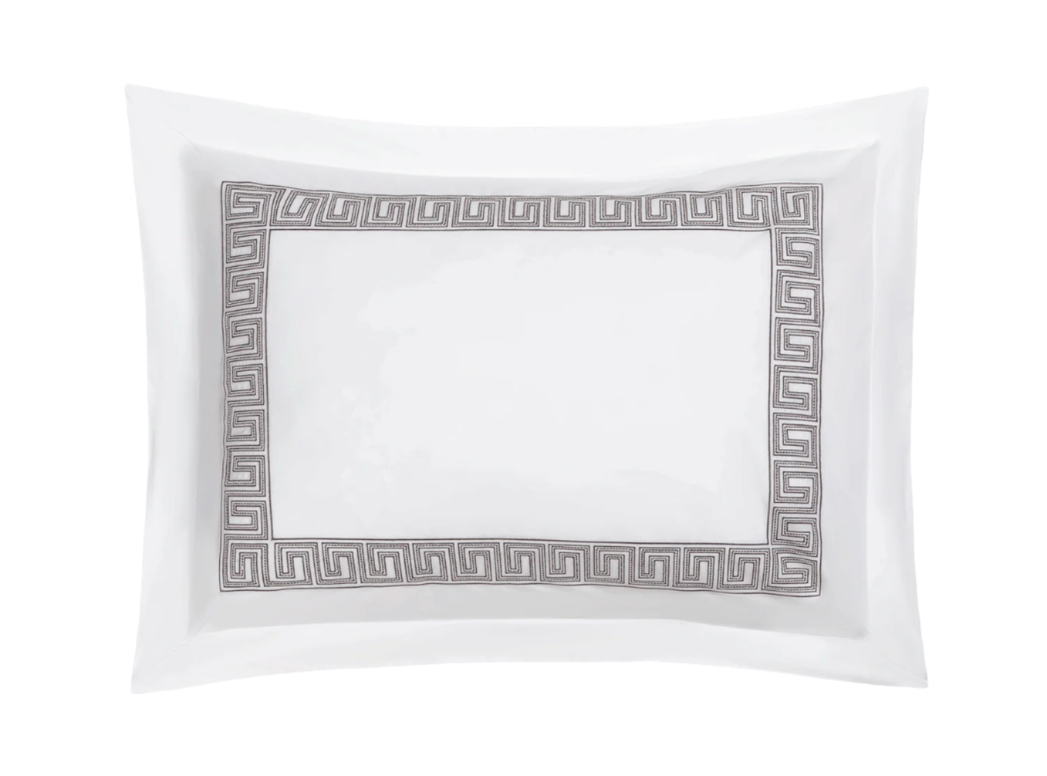 A mocha pillowcase from the Ophelia Bedding Collection by Matouk, featuring a Greek key pattern in gray embroidery and crafted from luxurious 520 thread count cotton.