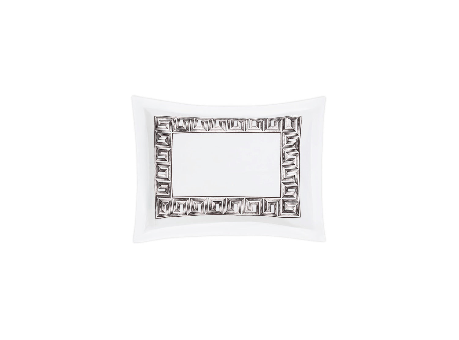 Rectangular porcelain dish with a classic Greek key pattern in gray, inspired by Matouk’s Ophelia Bedding Collection in mocha.