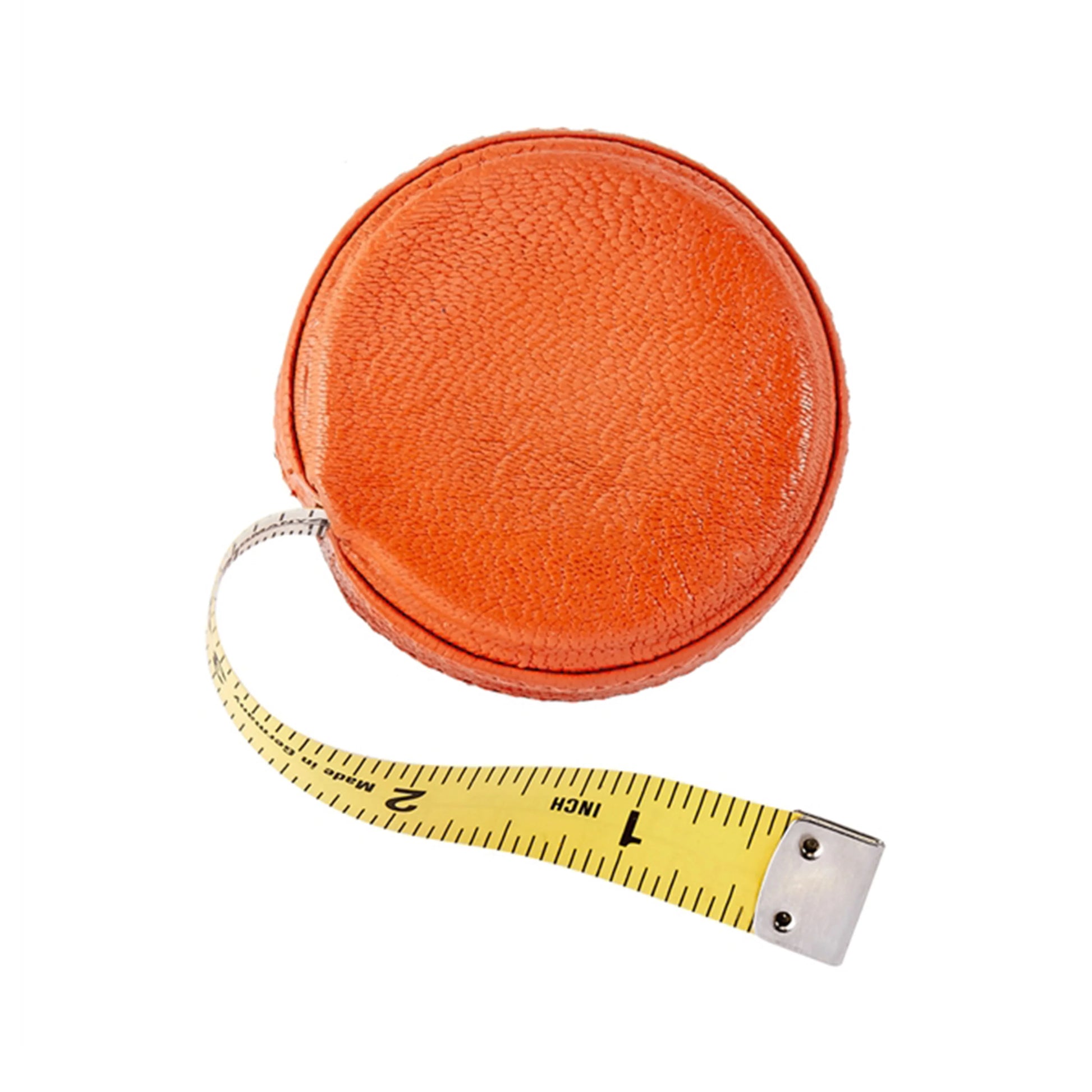 The Graphic Image Leather Tape Measure features a round orange case with a yellow inch-marked tape partially extended—ideal for sewing or crafting projects.