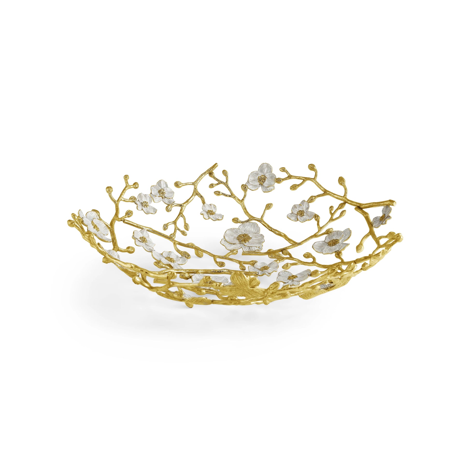 The Michael Aram Orchid Serveware Collection bowl features exquisite craftsmanship with an openwork gold branch design and white metallic flowers, creating timeless allure.