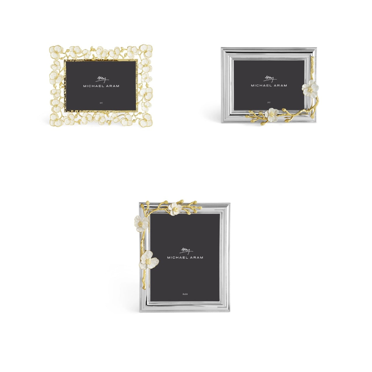 Three Michael Aram Orchid Frames feature elegant floral designs in gold or silver finishes, embodying subtle luxury and purity against a white background.