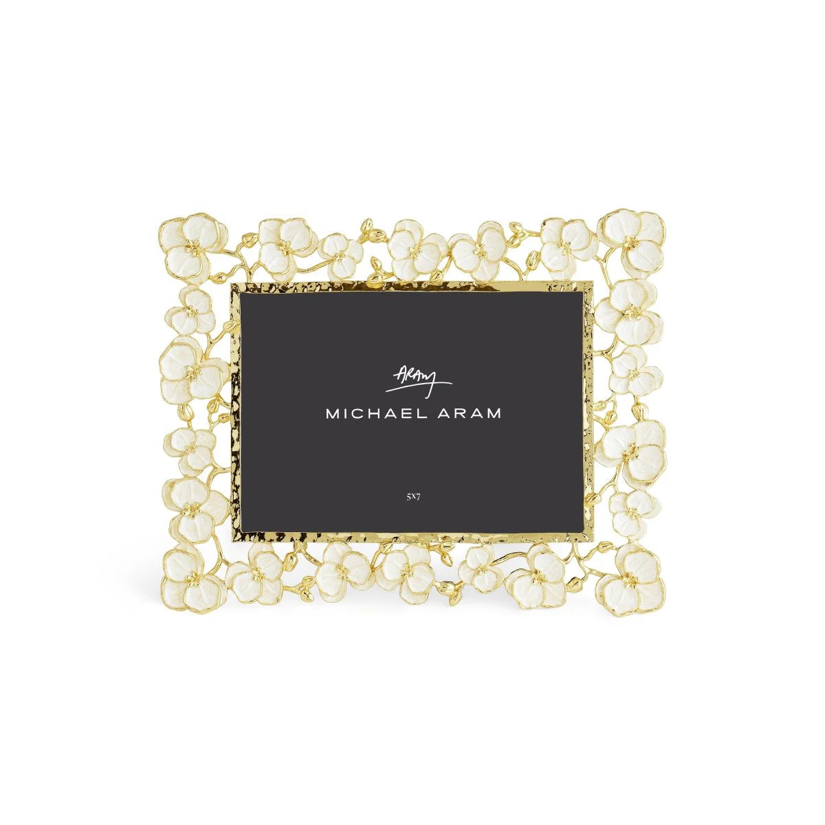 The Michael Aram Orchid Frame showcases a gold and white floral design with a "Michael Aram" and "5x7" placeholder, reflecting the Orchid Collection's elegance and understated luxury.