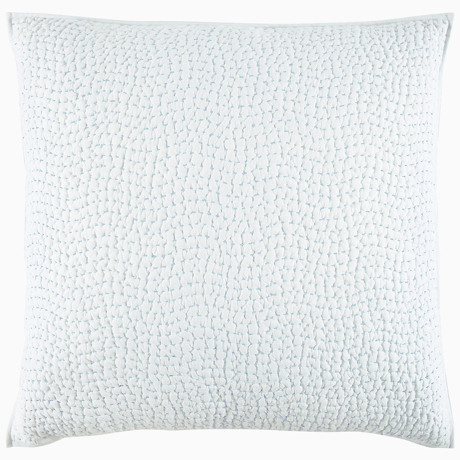 John Robshaw’s Hand-Stitched Bedding Collection features a square white pillow with a textured, pebble-like pattern reminiscent of an organic cotton coverlet, displayed against a white background.