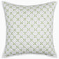 Introducing the Layla Bedding Collection by John Robshaw: a square white pillow featuring a quilted texture and a repeating green geometric pattern inspired by the intricate designs of Mughal gardens. Perfect for pairing with your favorite bedding or cotton voile quilt.