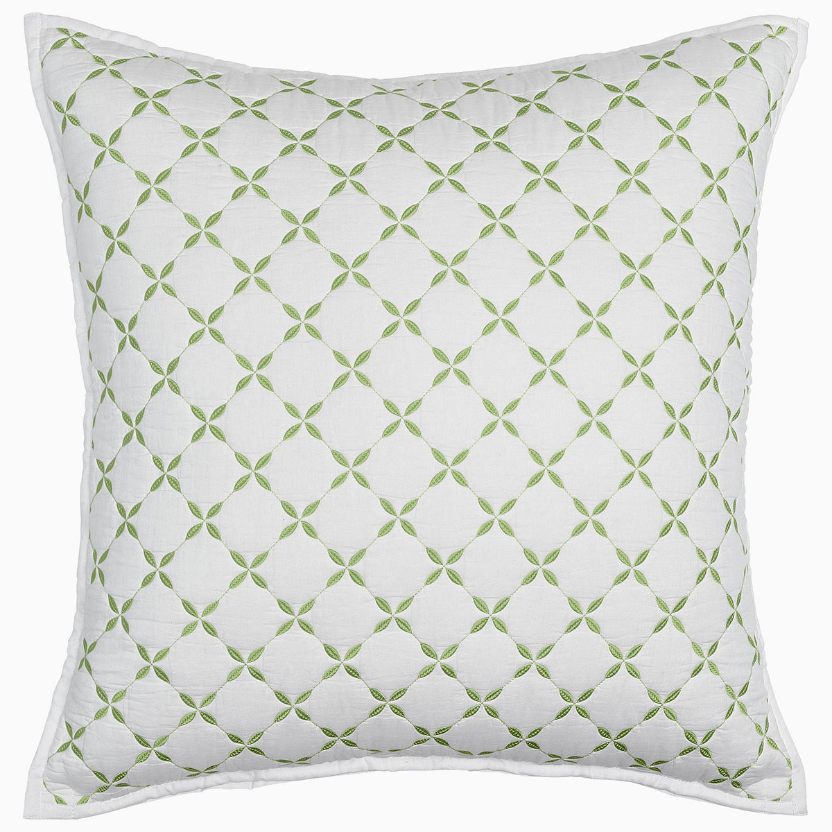 Introducing the Layla Bedding Collection by John Robshaw: a square white pillow featuring a quilted texture and a repeating green geometric pattern inspired by the intricate designs of Mughal gardens. Perfect for pairing with your favorite bedding or cotton voile quilt.