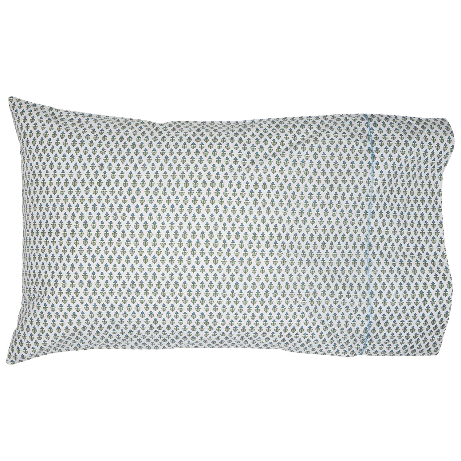 The Cala Sage Bedding Collection by John Robshaw includes a rectangular pillow with a white 400-thread-count organic cotton cover, adorned with small blue and green floral patterns and a blue stitched line near the edge.