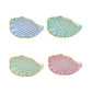The Herend Oyster Shell set features four ceramic plates, each hand-painted in blue, green, pink, and light green with gold edging, echoing classic Herend porcelain designs and arranged on a white background.