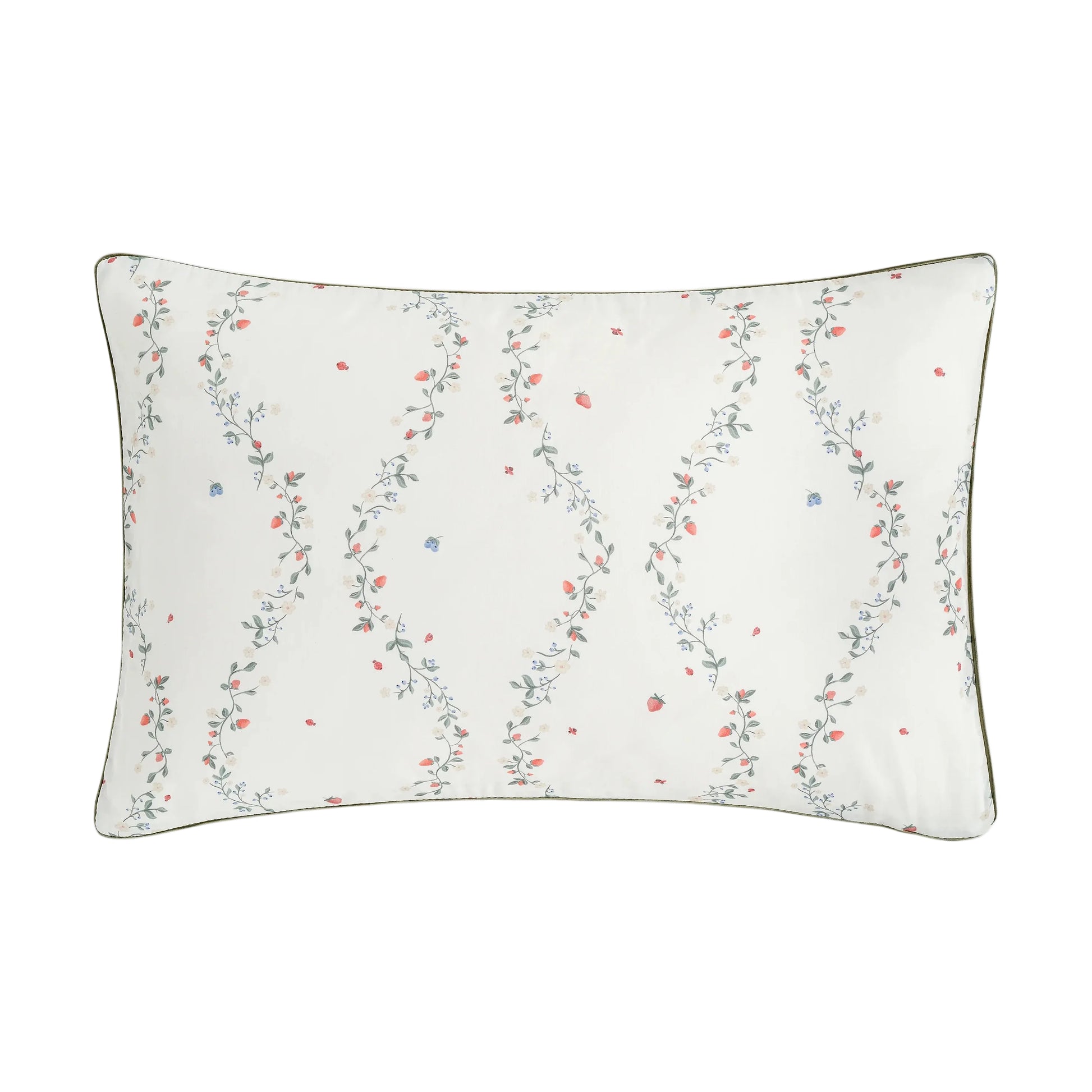 The Botanical Berries Bedding Collection by Gooselings features a rectangular white children’s pillow with a floral vine pattern of red and blue berries, finished with dark piping—ideal for sweet dreams.