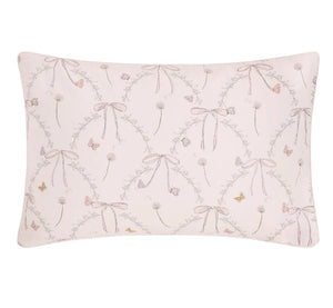 The Gooselings Bows & Butterfly Kisses Toddler Pillow features a pale pink background with delicate bows, flowers, and butterflies in pastel shades—perfect for sweet dreams at bedtime.