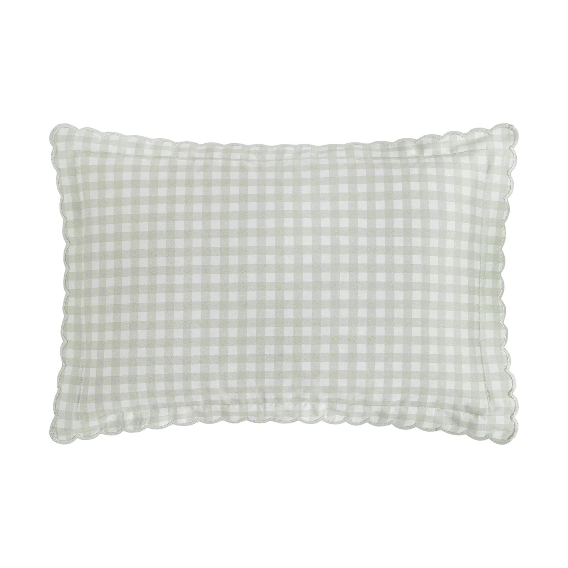 The Gooselings Green Picnic Gingham Bedding Collection features a rectangular pillow with light green and white gingham checks and scalloped edges, perfect for children's bedding, shown against a white background.