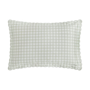 The Gooselings Green Picnic Gingham Bedding Collection features a rectangular pillow with light green and white gingham checks and scalloped edges, perfect for children's bedding, shown against a white background.
