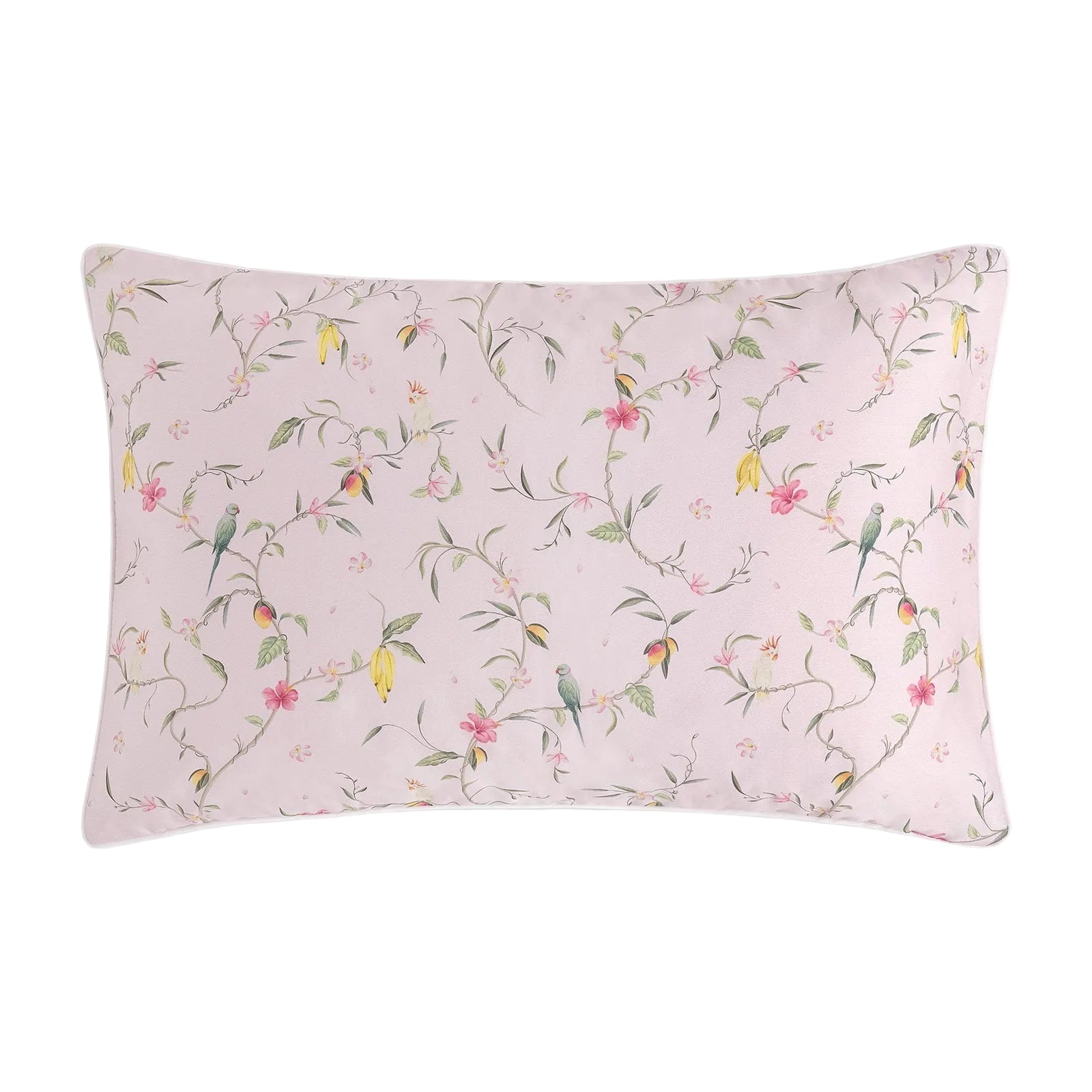 The Gooselings Dreaming of Paradise Toddler Pillow has a light pink background with pastel floral and bird patterns—an ideal choice for sweet dreams.