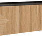 A modern wooden sideboard crafted from oak solids and veneers, with a black top and base, featuring three large cabinet doors adorned with a chevron pattern, the Form Buffet by Vanguard.