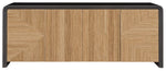 A rectangular wooden sideboard crafted from Oak Solids and Veneers, featuring four doors with a chevron pattern and dark top and sides, the Form Buffet by Vanguard.