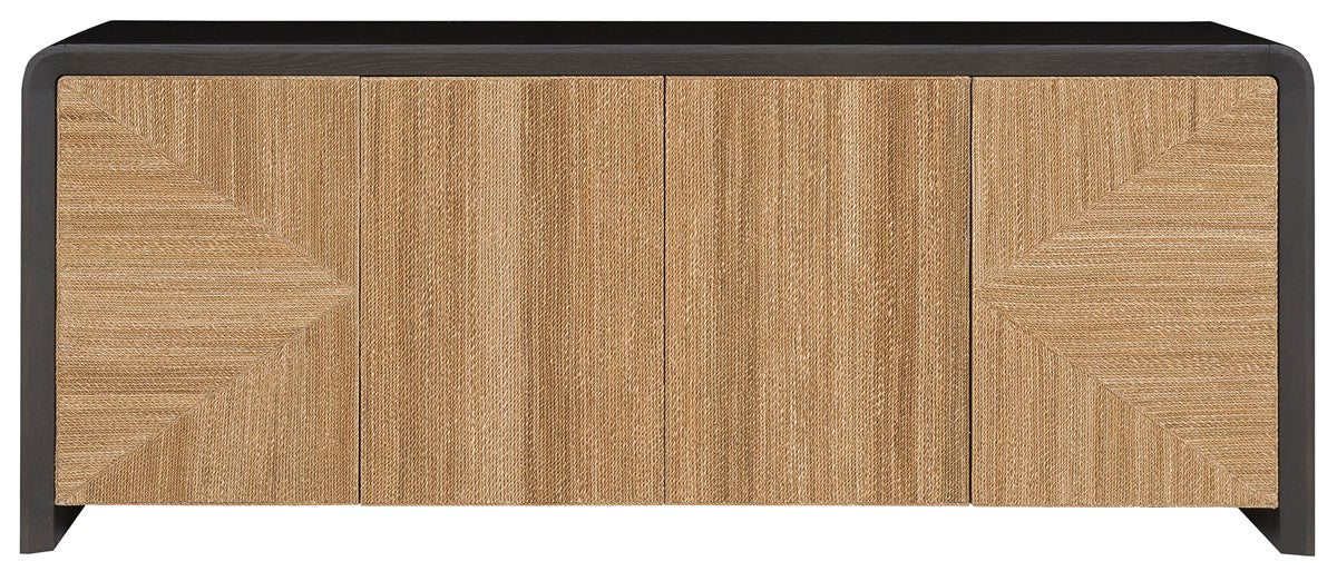 A rectangular wooden sideboard crafted from Oak Solids and Veneers, featuring four doors with a chevron pattern and dark top and sides, the Form Buffet by Vanguard.