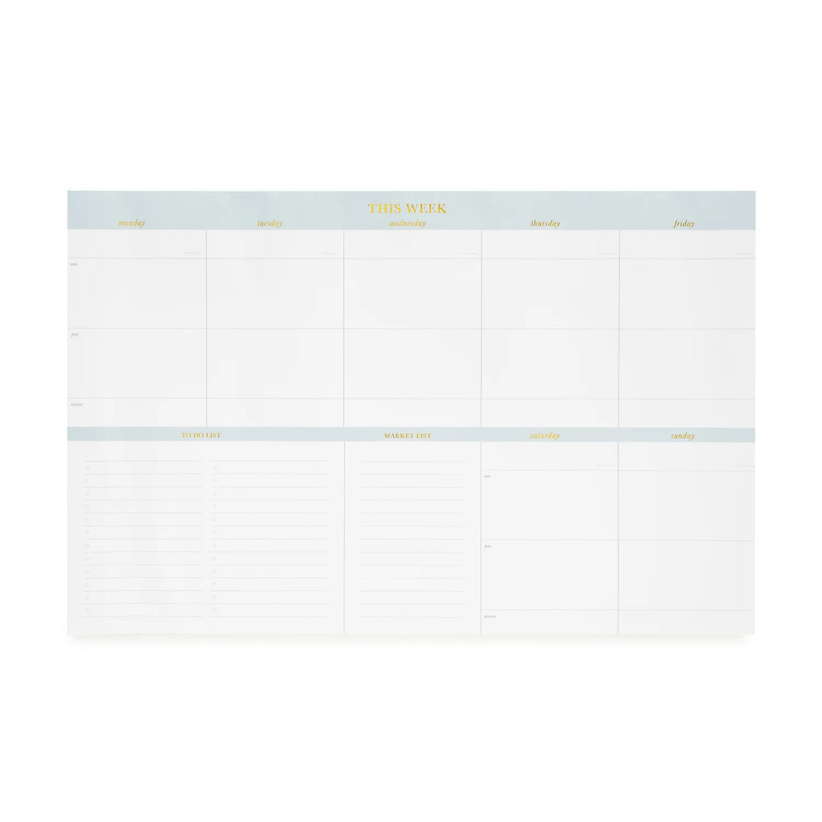 The Sugar Paper Desktop Family Planning Pad features large-format sections for each day of the week, notes, and to-do lists. Each day is labeled with yellow text at the top of its column, and a dedicated daily menu section provides additional organization for your meals.