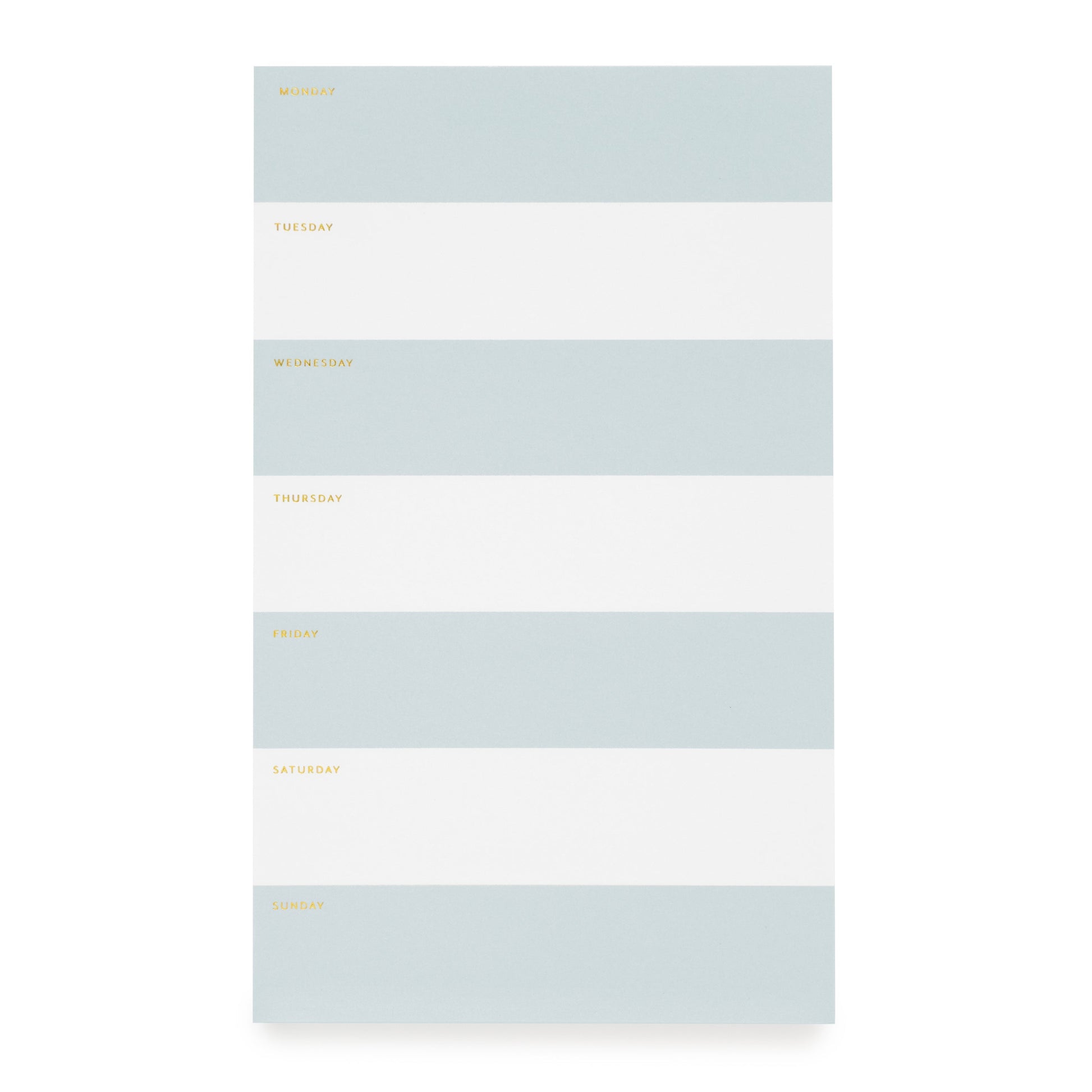 The Sugar Paper Blue Striped Weekly Pad helps you efficiently organize your schedule with days of the week labeled from Monday to Sunday on the left, featuring a blue striped and white design.