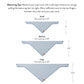 Diagram displaying small, medium, and large Tennis Applique Dog Bandanas by The Foggy Dog with neck size ranges and dimensions; includes measuring tips for proper fit.
