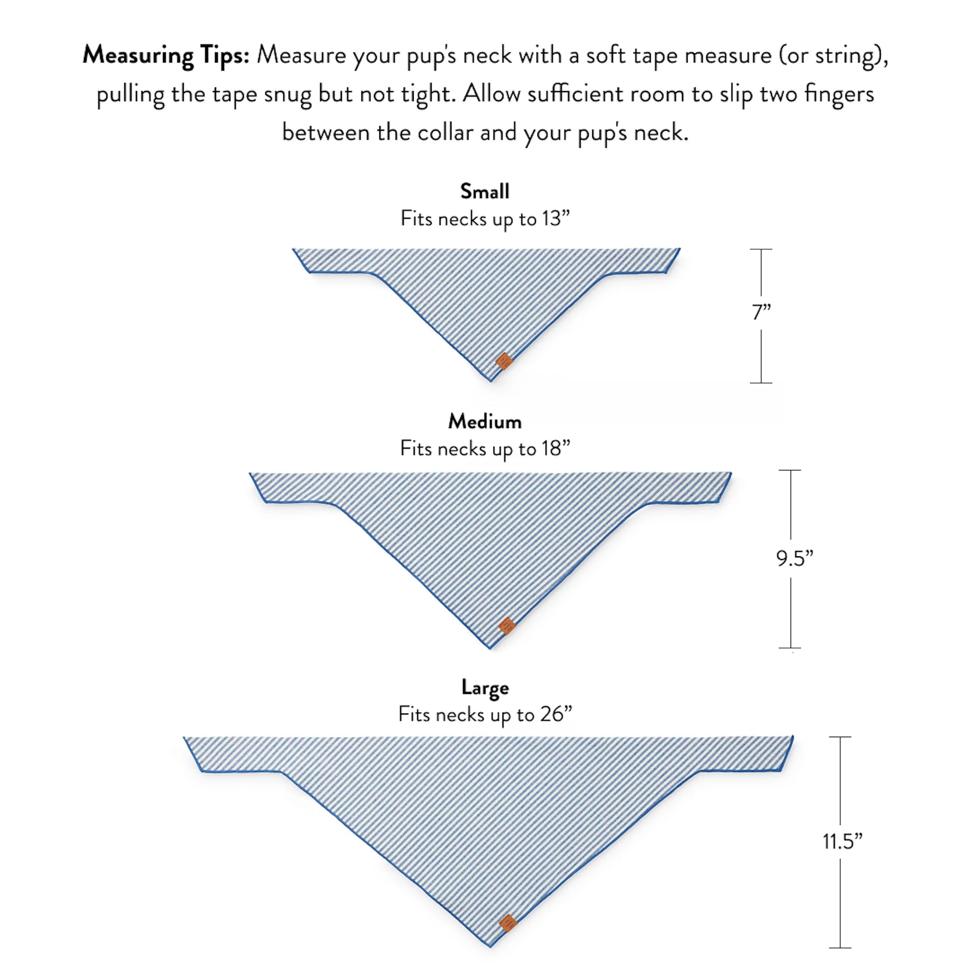 Diagram of The Foggy Dog’s Save the Date Dog Bandana in Small, Medium, and Large, with neck size limits and measuring tips for a perfect fit—ideal for wedding announcements or displaying your wedding date.