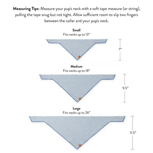 The Foggy Dog’s Golf Applique Dog Bandana is shown in small, medium, and large with neck and height measurements labeled; tips for measuring are included—ideal to personalize or gift to your favorite golf caddie.