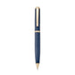 The Graphic Image Leather Wrapped Pen Collection features a blue and gold ballpoint pen with a textured leather surface and gold clip, displayed vertically against a white background.