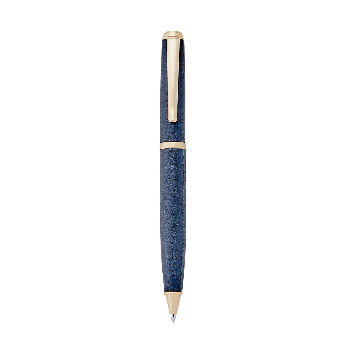 The Graphic Image Leather Wrapped Pen Collection features a blue and gold ballpoint pen with a textured leather surface and gold clip, displayed vertically against a white background.