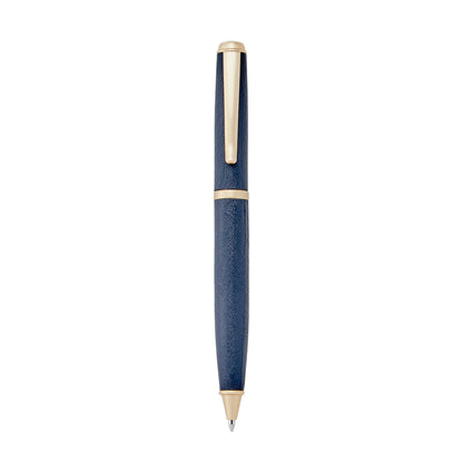 The Graphic Image Leather Wrapped Pen Collection features a blue and gold ballpoint pen with a textured leather surface and gold clip, displayed vertically against a white background.