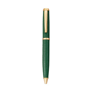 The Leather Wrapped Pen Collection by Graphic Image features a green ballpoint pen with gold accents and a textured leather barrel, displayed vertically on a white background—an elegant gift for any occasion.