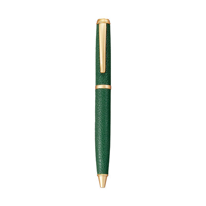 The Leather Wrapped Pen Collection by Graphic Image features a green ballpoint pen with gold accents and a textured leather barrel, displayed vertically on a white background—an elegant gift for any occasion.