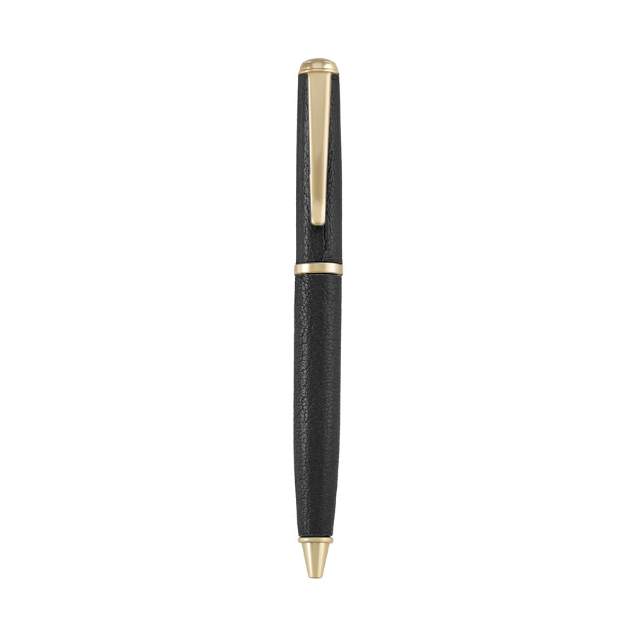 The Leather Wrapped Pen Collection by Graphic Image features a sleek black and gold ballpoint pen with a textured barrel and clip, shown upright on a white background—a refined gift for any occasion.