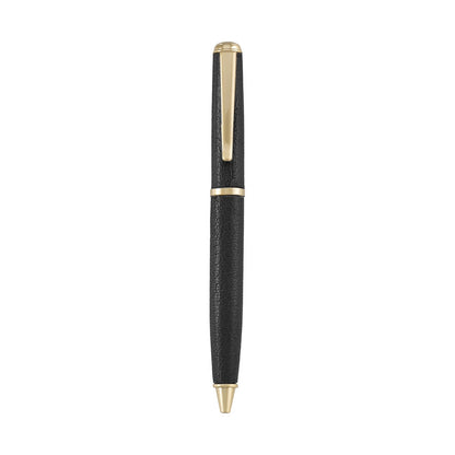 The Leather Wrapped Pen Collection by Graphic Image features a sleek black and gold ballpoint pen with a textured barrel and clip, shown upright on a white background—a refined gift for any occasion.