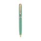 The Leather Wrapped Pen Collection by Graphic Image features a teal ballpoint pen with textured leather and gold-colored accents, displayed vertically on a white background.