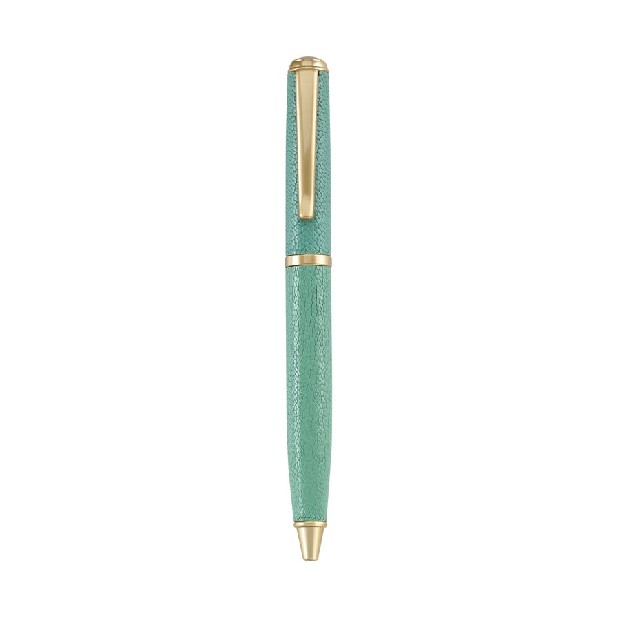 The Leather Wrapped Pen Collection by Graphic Image features a teal ballpoint pen with textured leather and gold-colored accents, displayed vertically on a white background.