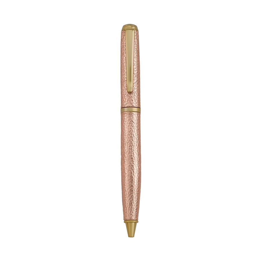The Leather Wrapped Pen Collection by Graphic Image features a rose gold textured ballpoint pen with gold accents—a stylish, elegant gift for writers or anyone who appreciates fine pen craftsmanship.