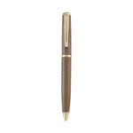 The Graphic Image Leather Wrapped Pen Collection features brown leather-wrapped ballpoint pens with gold accents and a pocket clip, shown on a white background—a stylish gift for writers.