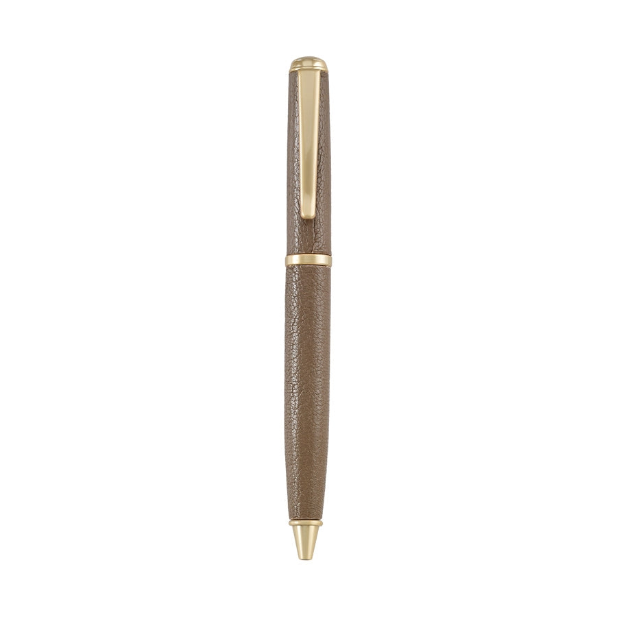The Graphic Image Leather Wrapped Pen Collection features brown leather-wrapped ballpoint pens with gold accents and a pocket clip, shown on a white background—a stylish gift for writers.