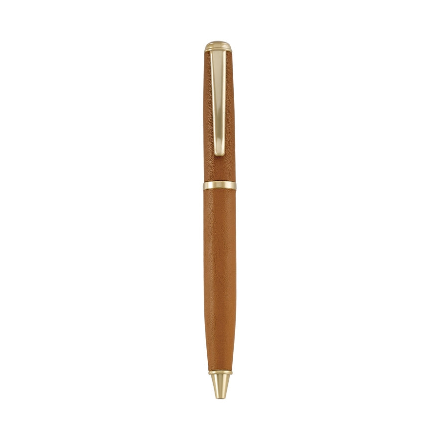 The Graphic Image Leather Wrapped Pen Collection features a brown and gold ballpoint pen with a gold clip, displayed vertically on a white background—a refined gift for writers.