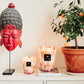 A red decorative Buddha head, a Baobab Collection Pearls Coral Candle, and a potted orange tree are arranged on a white cabinet beside stacked magazines.