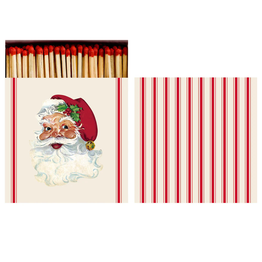 The Hester & Cook Box of 60 Matches features red-tipped matches in a festive box with a vintage Santa, red and white stripes—perfect for lighting candles or adding cheer to your home.