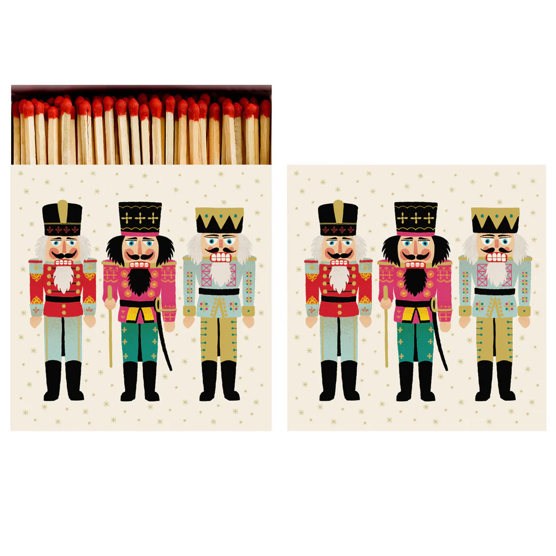 Add charm to your home with the Hester & Cook Box of 60 Matches, featuring a decorative cover of four illustrated nutcrackers in colorful uniforms on a star-patterned background—perfect for lighting candles.