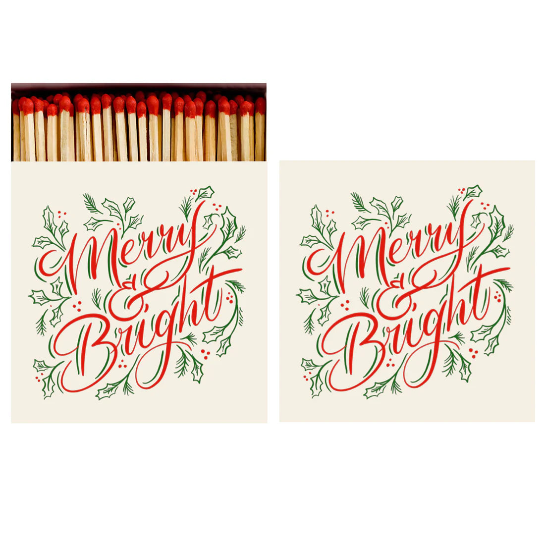 The Hester & Cook Box of 60 Matches features a festive cover with red and green "Merry & Bright" script and holly illustrations—perfect for lighting candles or adding holiday flair to your decor.
