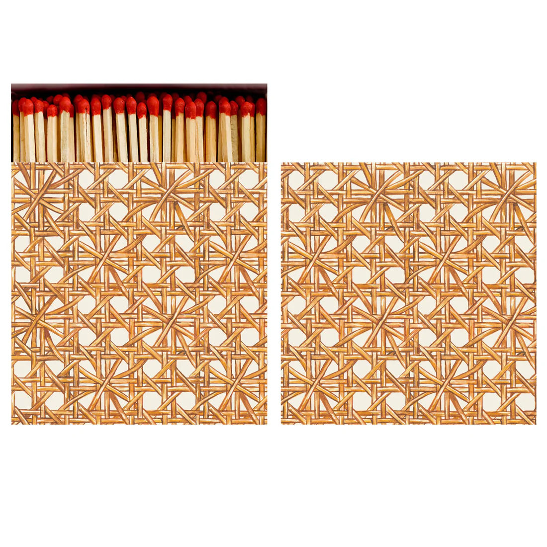 At top left, a Box of 60 Matches by Hester & Cook stands in a festive matchbox; below, two panels display a repeating pattern made from stars formed with matches.