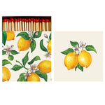 The Hester & Cook Box of 60 Matches features a lemon and flower pattern on the matchbox and a matching square card with two lemons—perfect for lighting candles or adding festive charm to your decor.